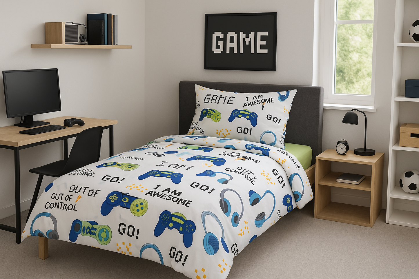 Fun gaming theme bedding set in organic cotton, with vibrant controllers, headphones, and pixel art design