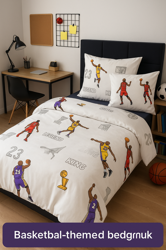 Close-up of basketball-themed duvet cover – soft and breathable cotton fabric