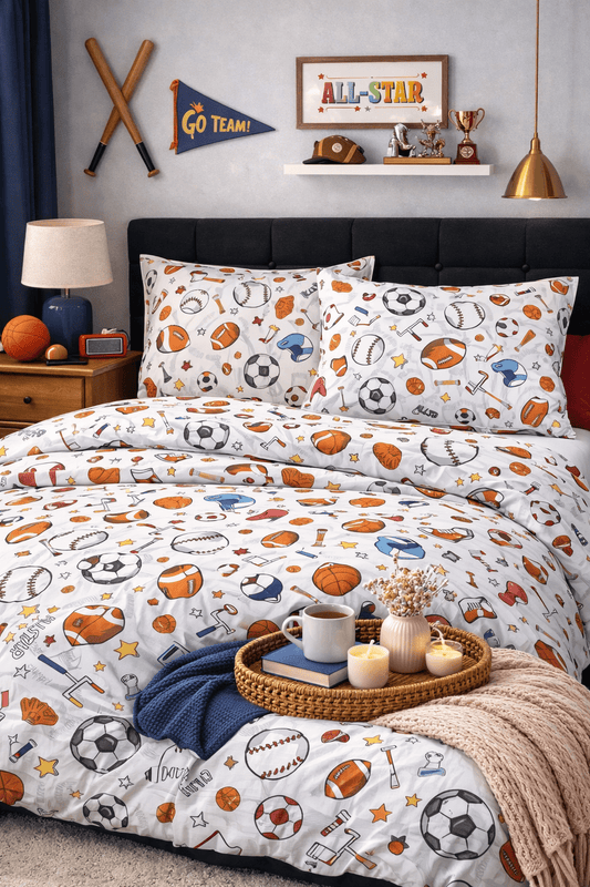 Kids Sports Bedding Set in orange theme with soccer, basketball and baseball print — soft cotton