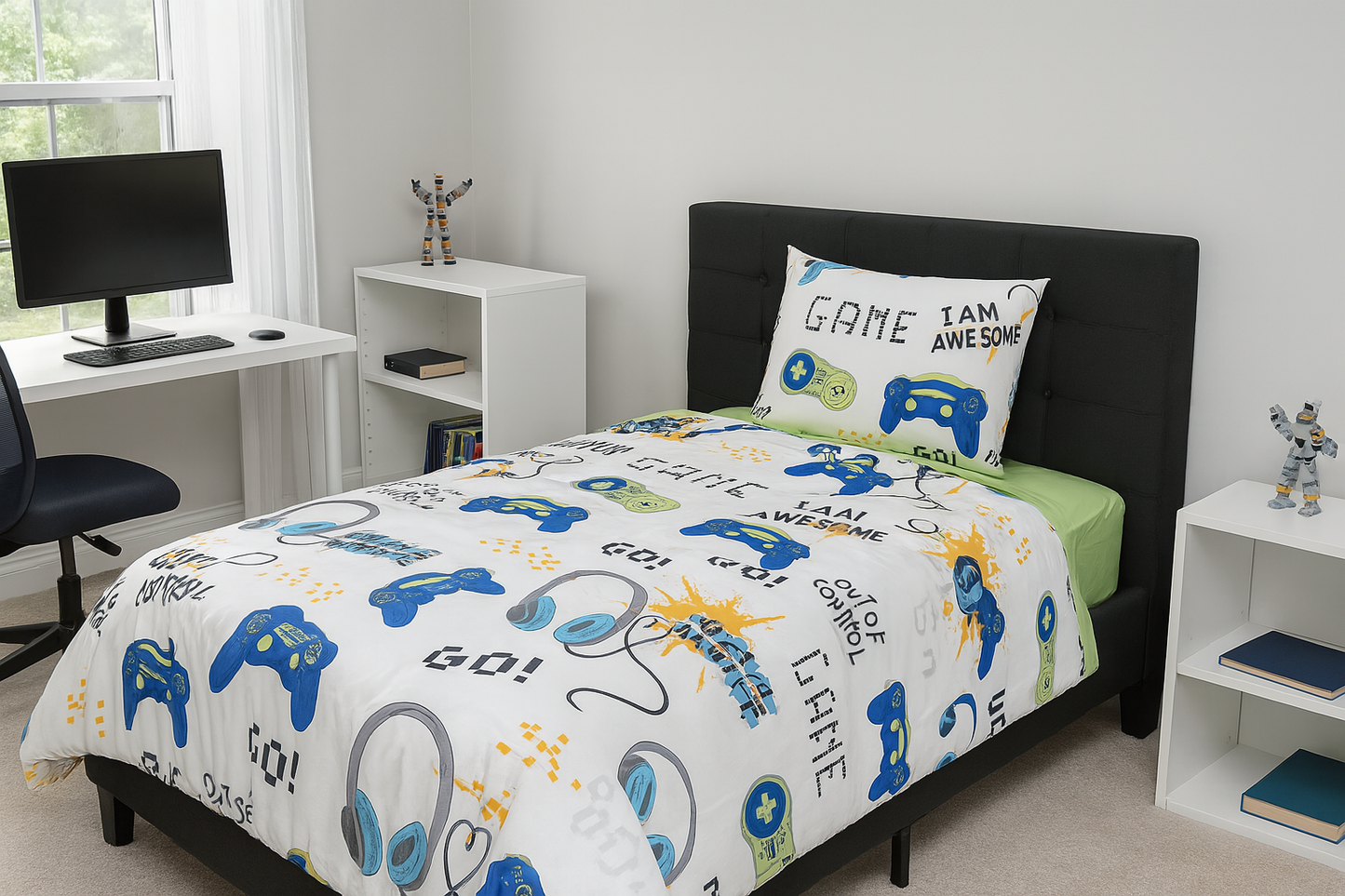 Colorful video game controller and pixel art print bedding set, made from organic cotton for kids’ comfort