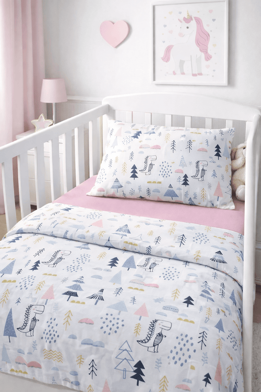 Pink fitted sheet and cotton duvet cover for children