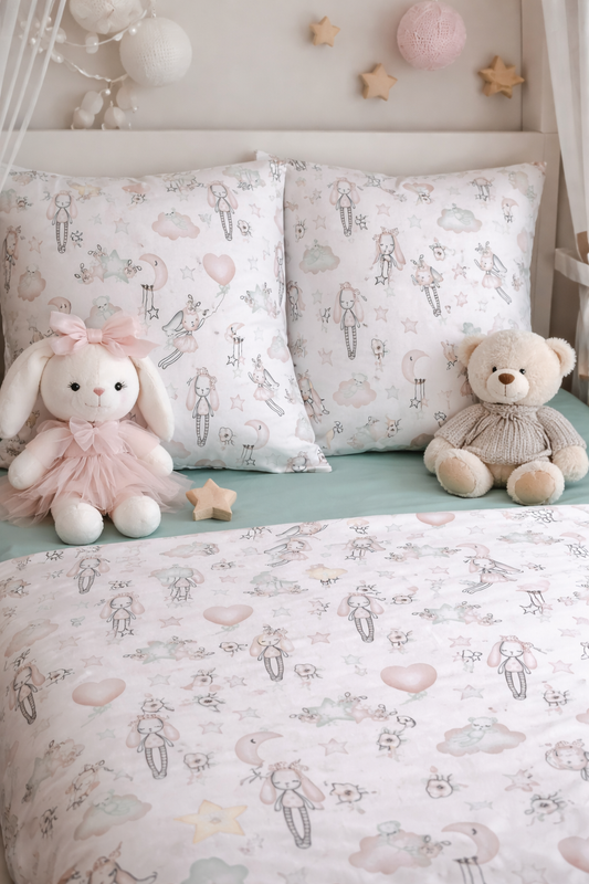 White cotton kids bunny duvet cover set with cute rabbit print — breathable and soft