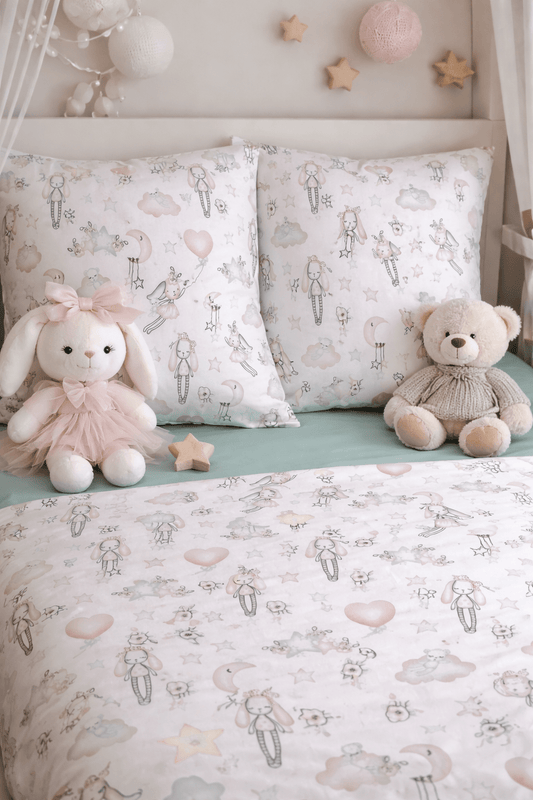 White cotton kids bunny duvet cover set with cute rabbit print — breathable and soft