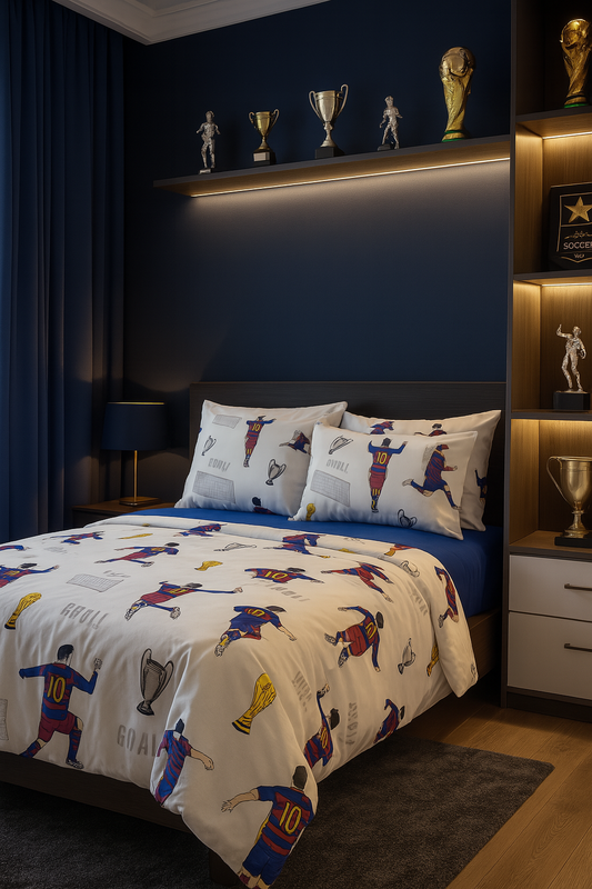Children’s bedding set with football player illustrations and trophies