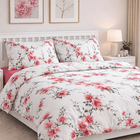 Cherry blossom bedding set with pink fitted sheet – front view