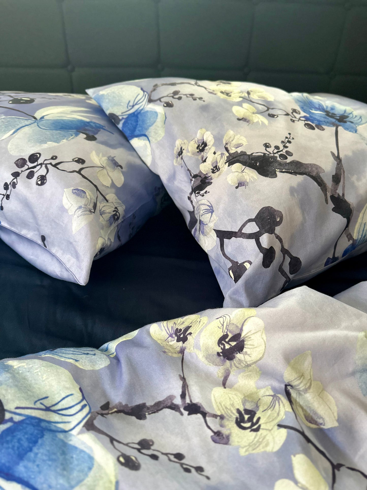 Pair of floral peacock print pillowcases (set of 2) showcasing a soft, breathable sateen sheen.