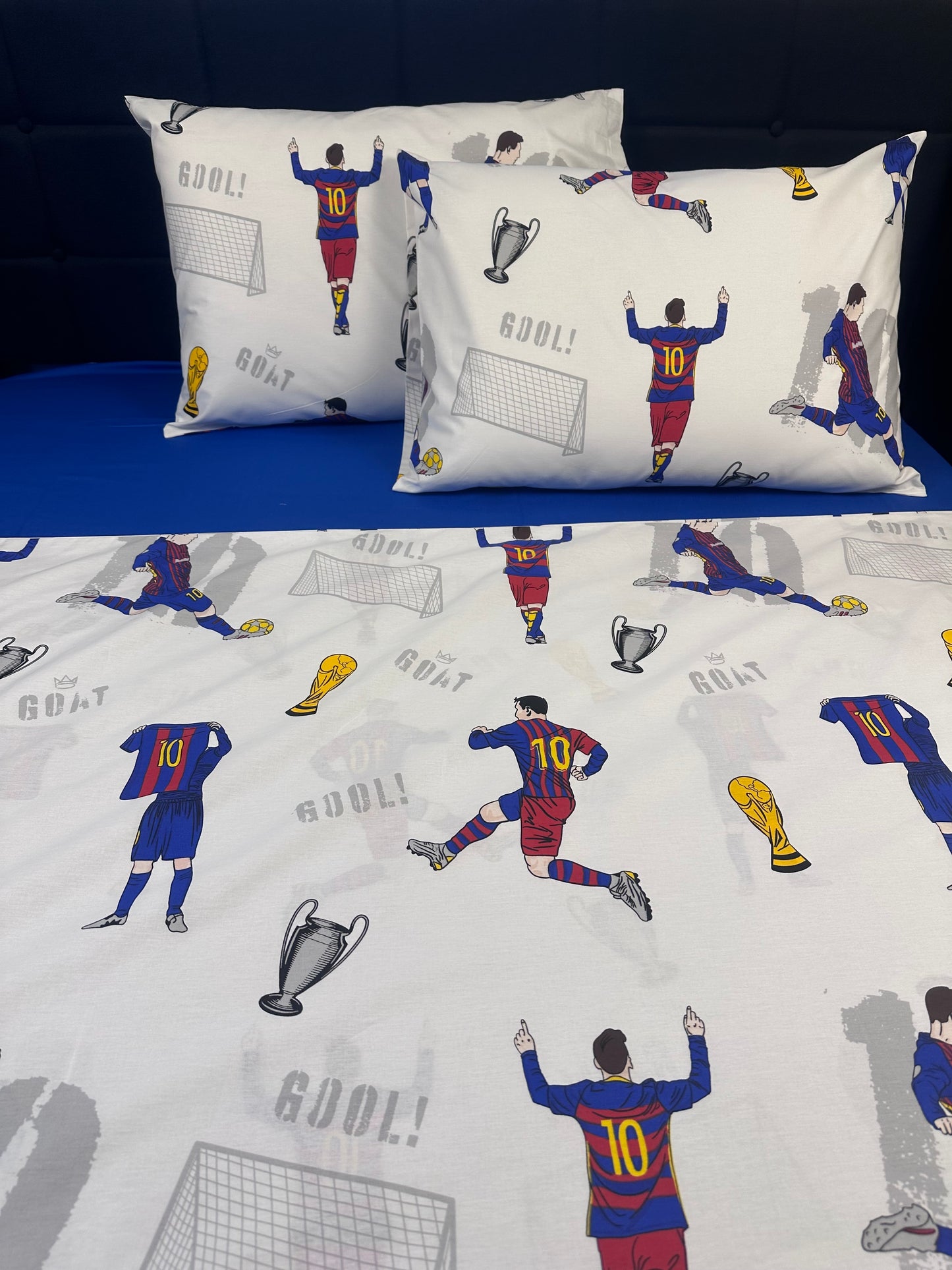 Messi-themed soccer bedding set for boys with fun goal graphics