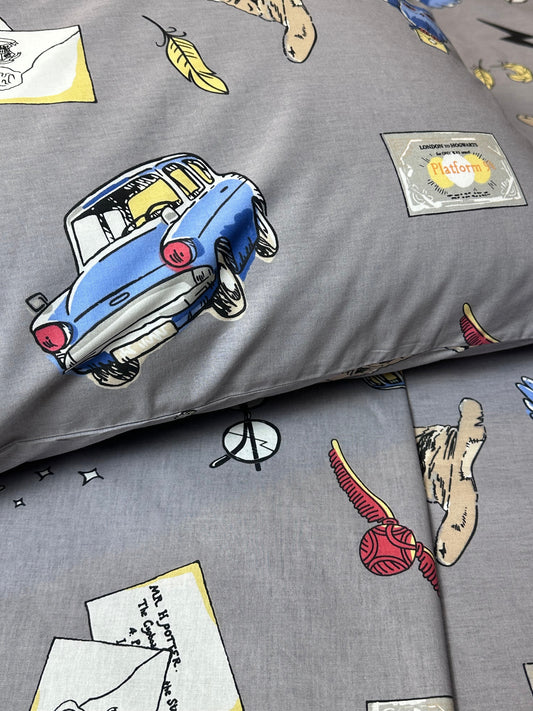 Kids fantasy pillow covers with owls, letters, and lightning bolts