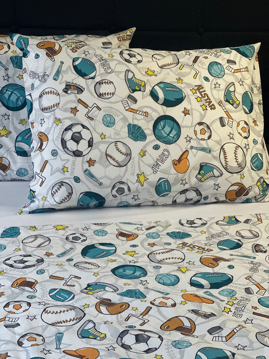 Sports themed pillow covers with balls and equipment