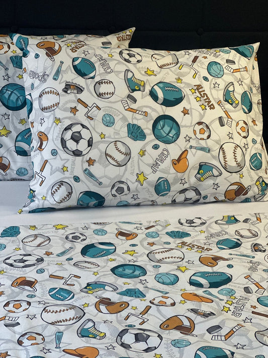 Sports themed pillow covers with balls and equipment