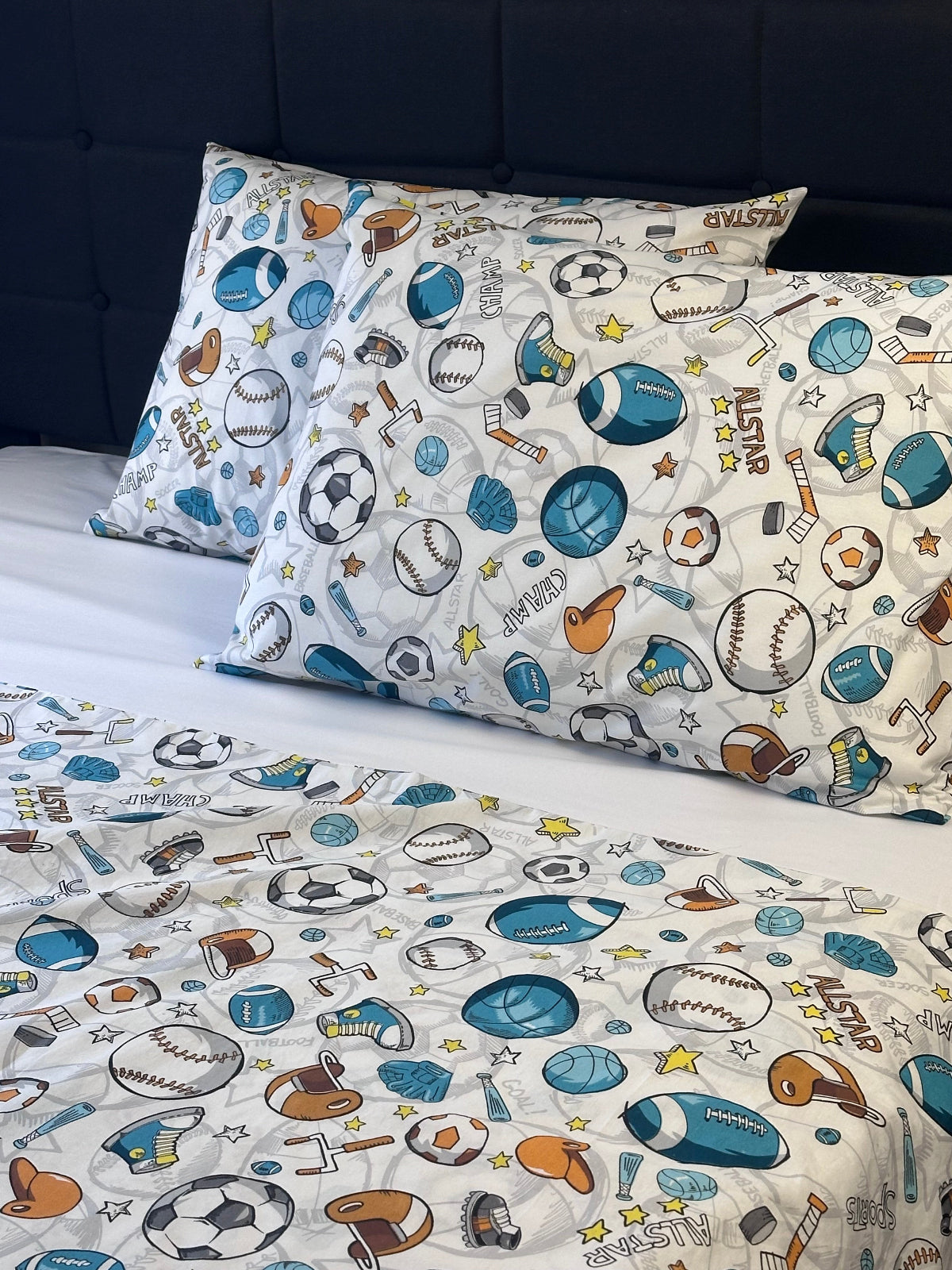 White sports-themed pillow covers for children’s or teen bedding décor