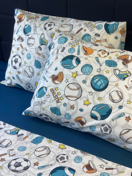 Boys bedding pillow covers with athletic sports theme