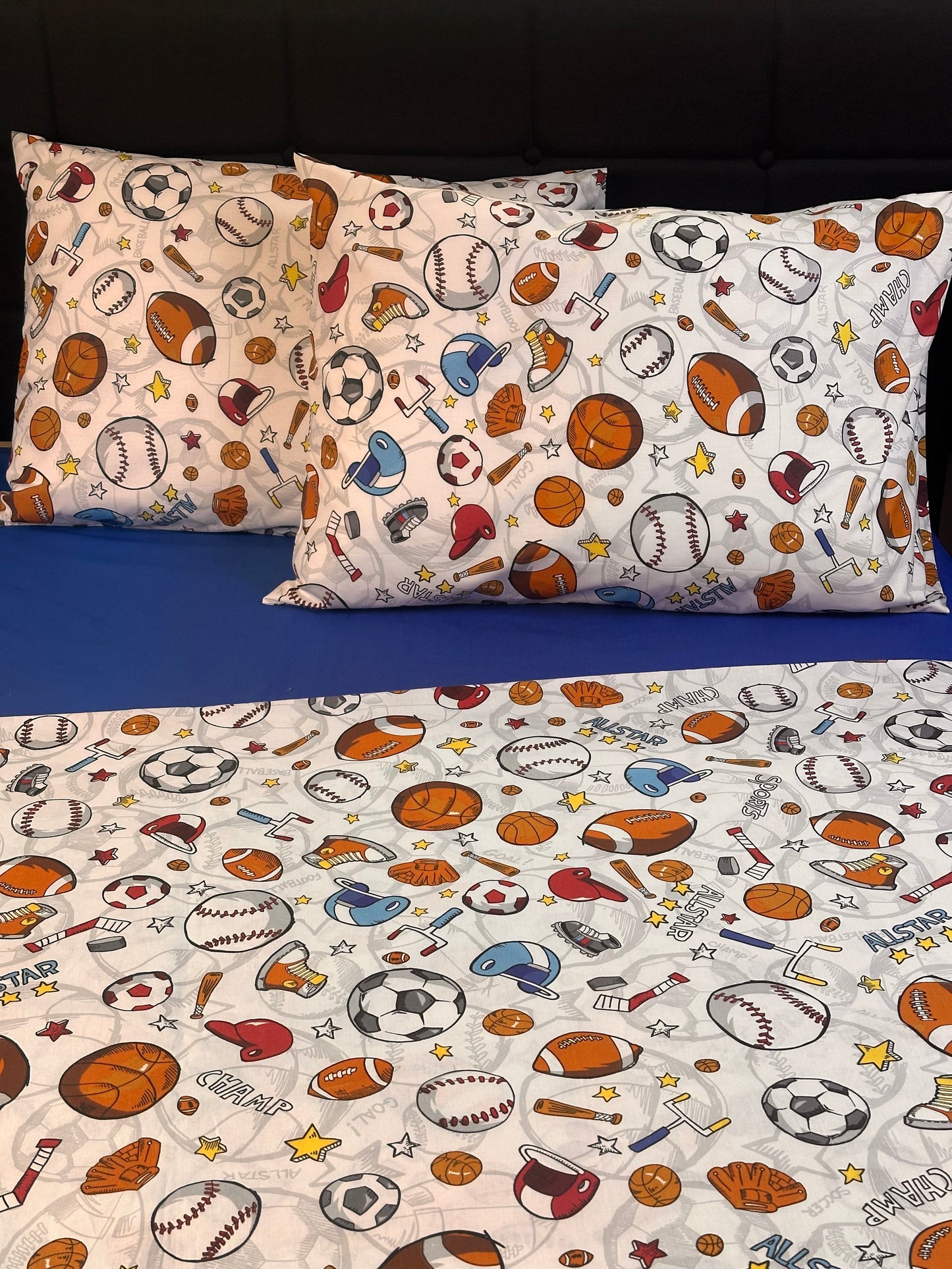Boys sports pillowcases set with basketball, soccer ball, and baseball pattern
