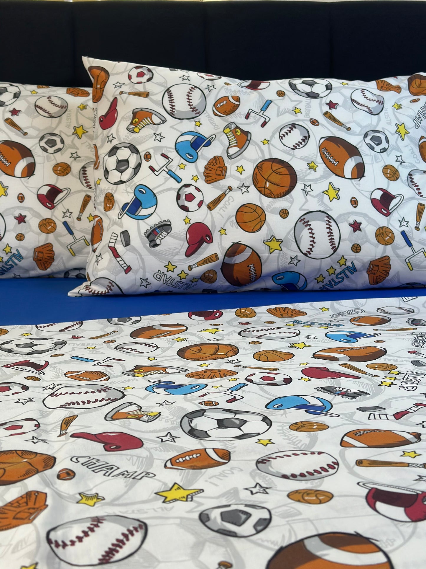 Athletic themed pillowcases with baseball, hockey, and basketball graphics