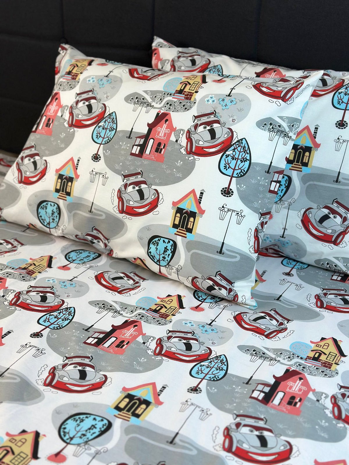 Organic cotton kids pillowcase with colorful car print 🚗 — breathable, hypoallergenic fabric by Koltex