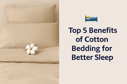 Beige cotton bedding set with soft texture and white cotton boll — symbolizing breathability, comfort, and natural sleep materials