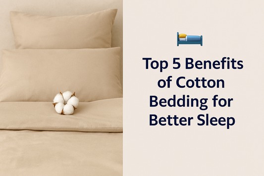 Beige cotton bedding set with soft texture and white cotton boll — symbolizing breathability, comfort, and natural sleep materials