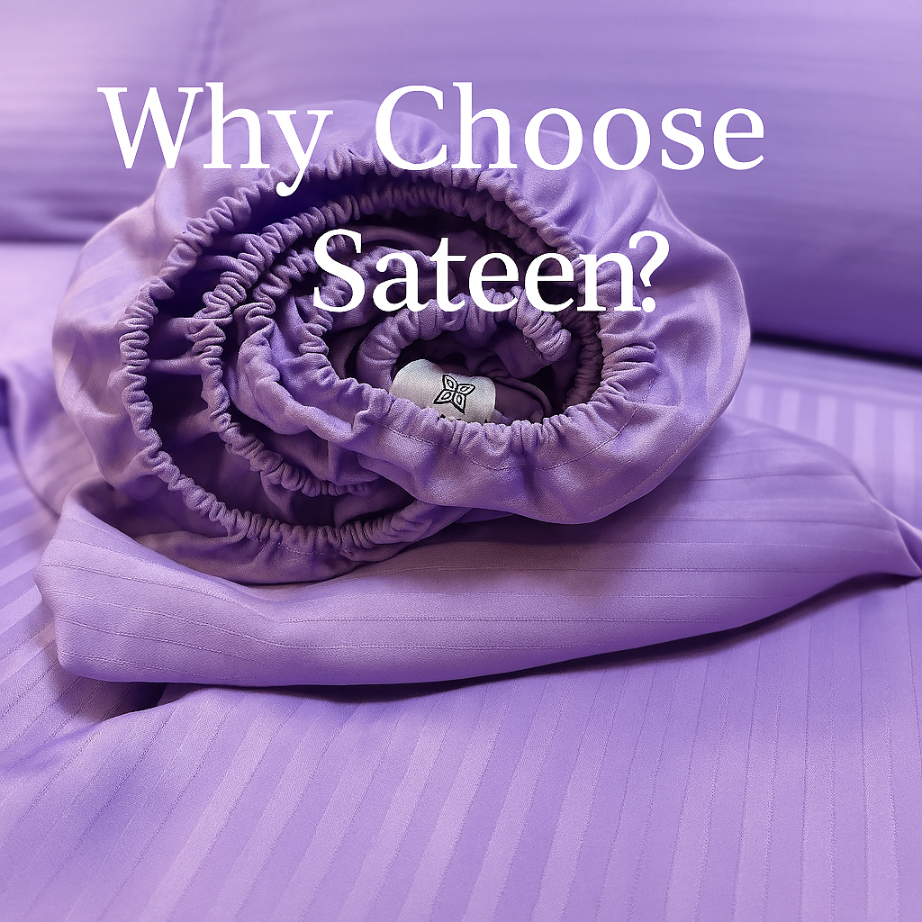 Lavender cotton sateen fitted sheet with elastic edges and subtle striped texture