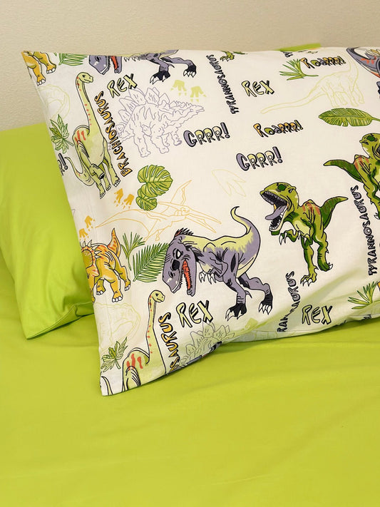 Dinosaur kids bedding set – organic cotton, OEKO-TEX certified, green dino print, twin and queen sizes