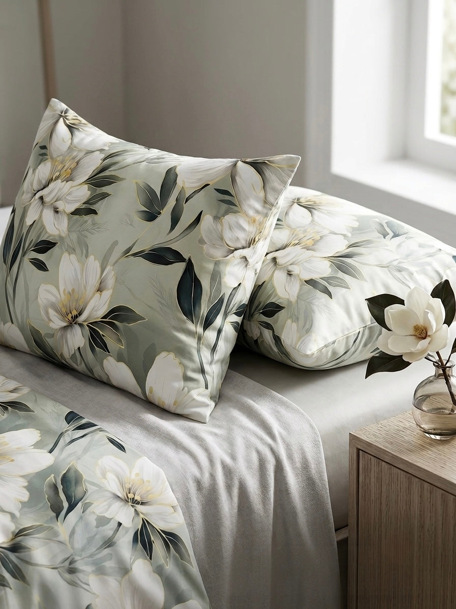 White Lily bedding set close-up – premium organic cotton sateen texture, fade-resistant print