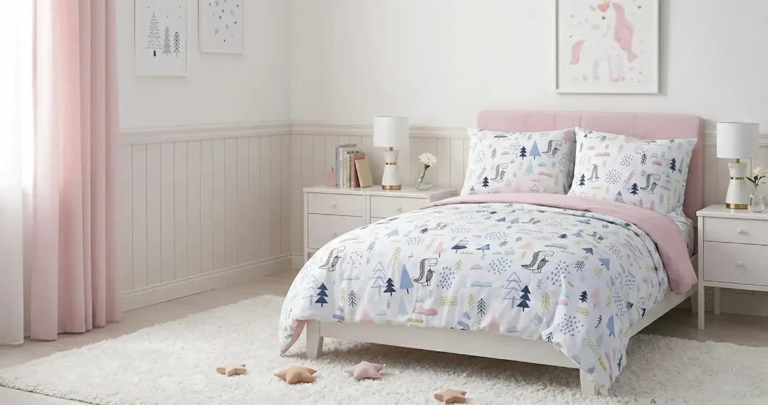 Children's bedroom with soft pink organic cotton bedding by KoltexHomeTextile