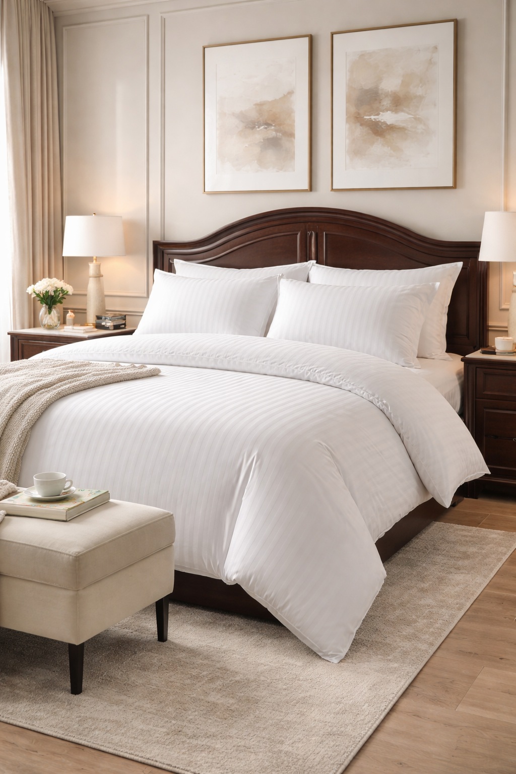 White Lux Stripe Sateen Bedding Set made from 100% Turkish cotton — silky, breathable and OEKO‑TEX certified
