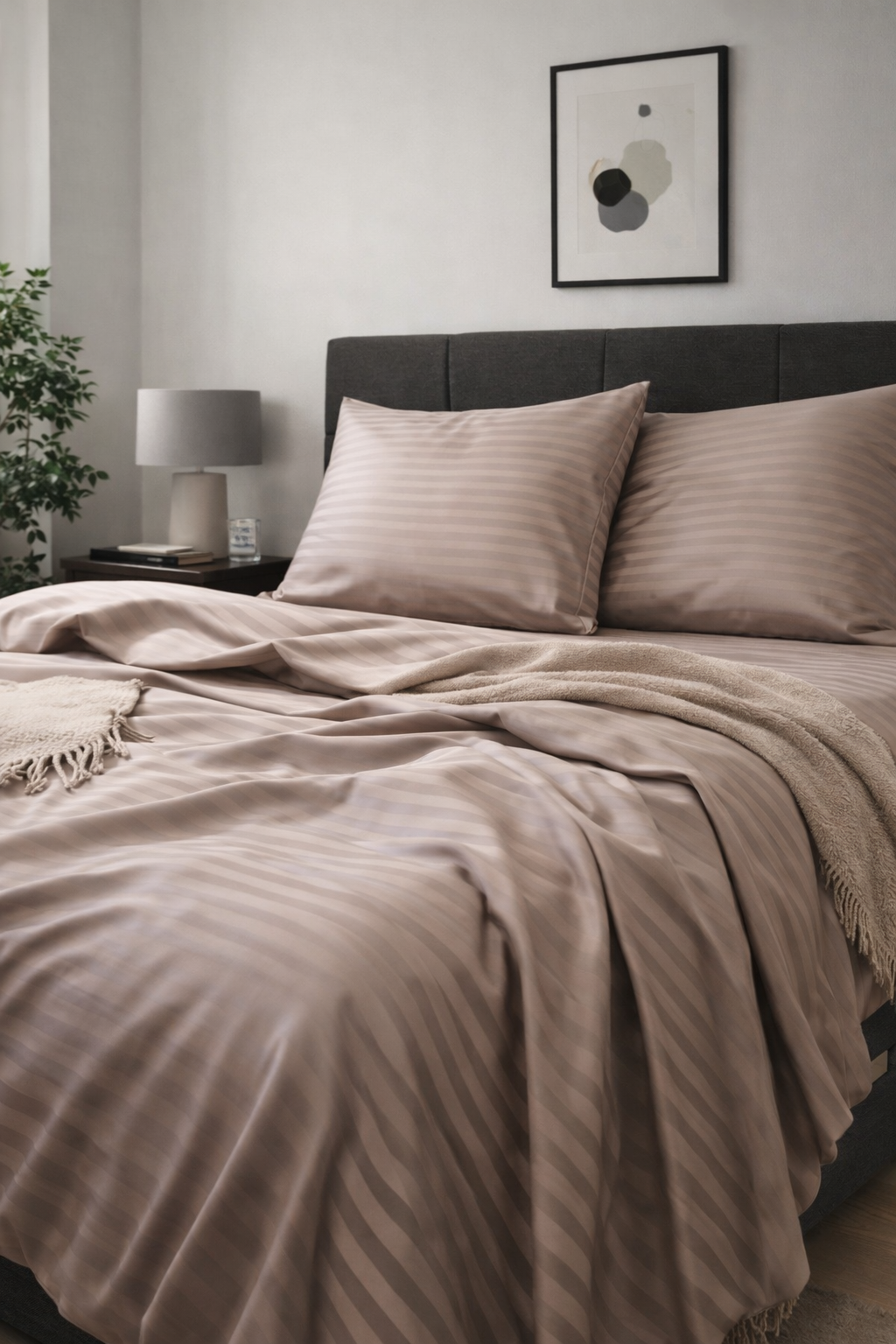 Mocha Brown Stripe Sateen Bedding Set — silky soft, cooling, breathable OEKO‑TEX certified cotton