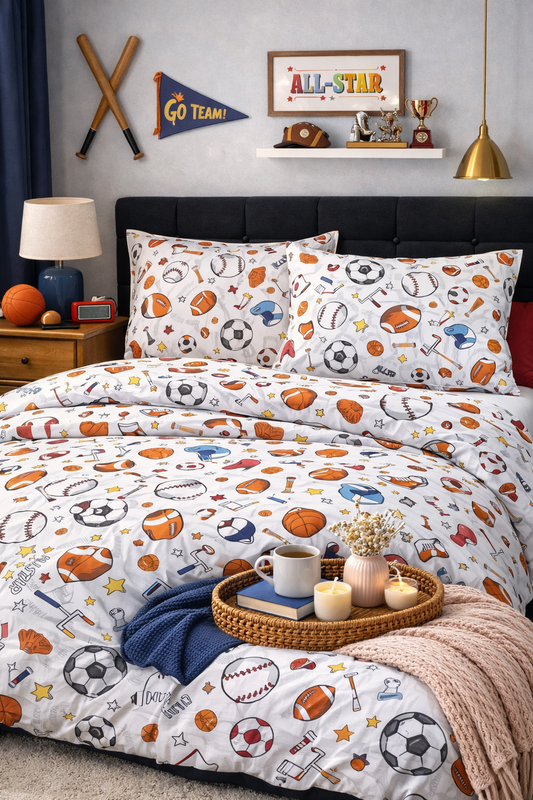 Kids Sports Bedding Set in orange theme with soccer, basketball and baseball print — soft cotton