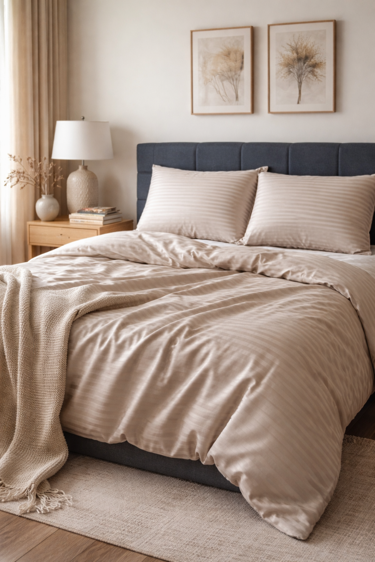Soft sateen mocha striped sheets and pillowcases folded neatly