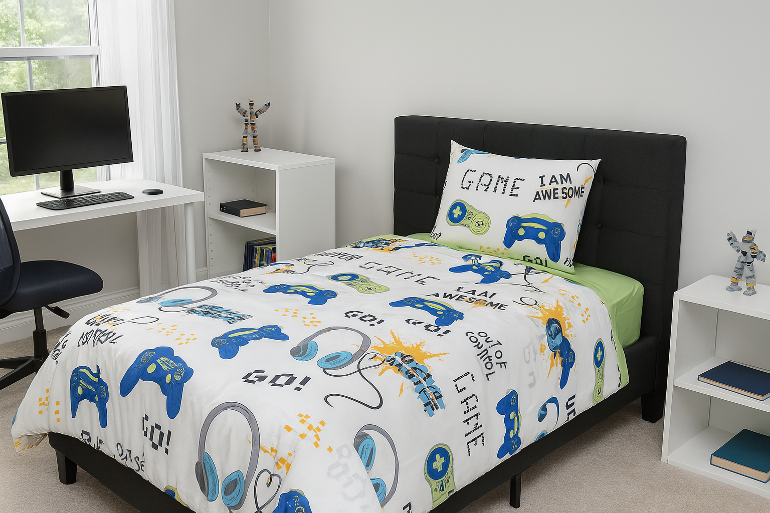 Colorful video game controller and pixel art print bedding set, made from organic cotton for kids’ comfort