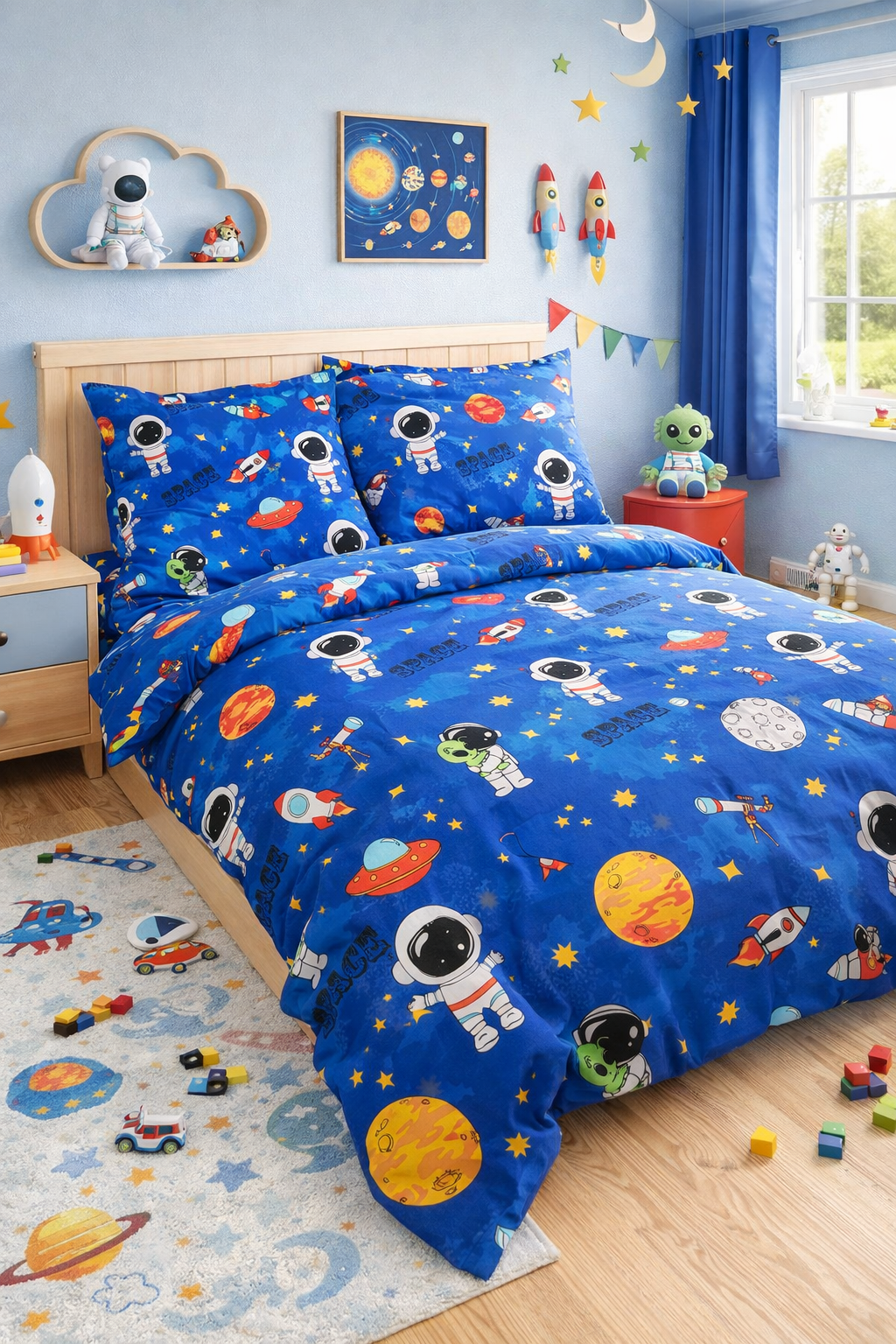Kids bedroom with blue astronauts bedding set, space‑themed decor, and toys.