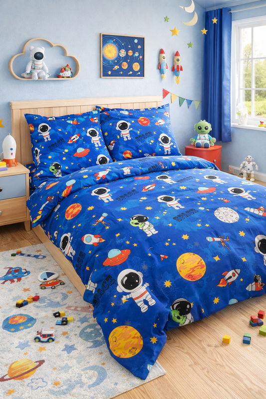 Kids bedroom with blue astronauts bedding set, space‑themed decor, and toys.