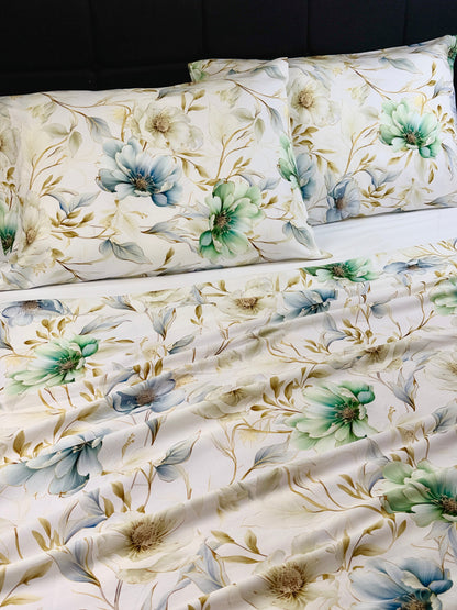 Hibiscus grey botanical print bedding set on modern bed – elegant grey floral bedroom decor