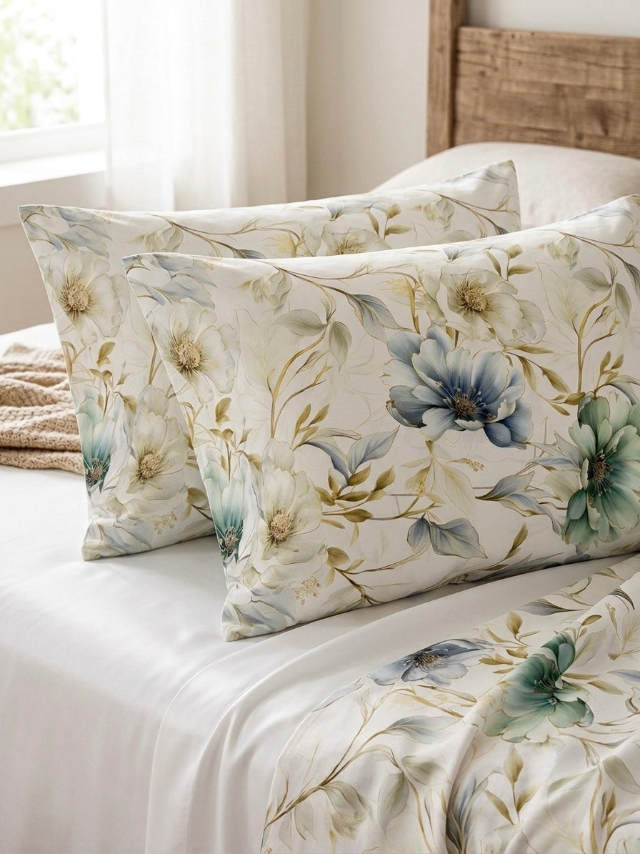 Queen size Hibiscus Grey organic cotton sateen pillowcases – breathable luxury for better sleep