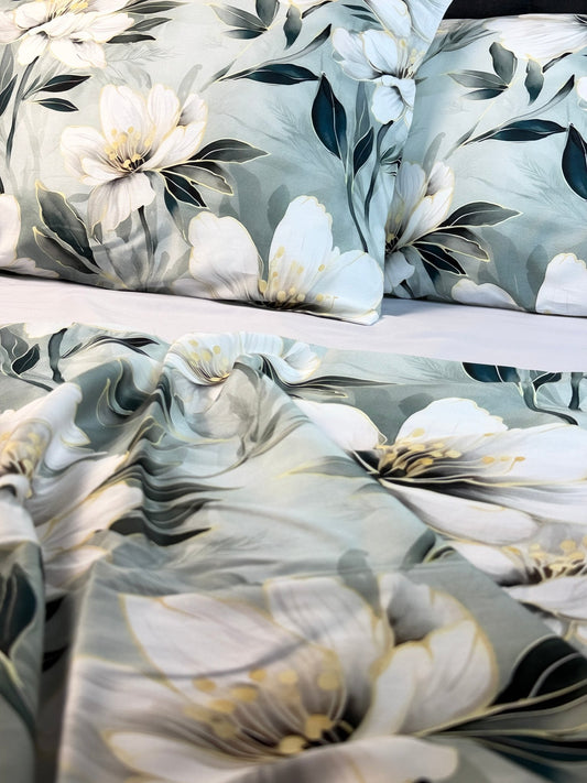 White lily botanical print on organic cotton sateen bedding set – elegant bedroom decor