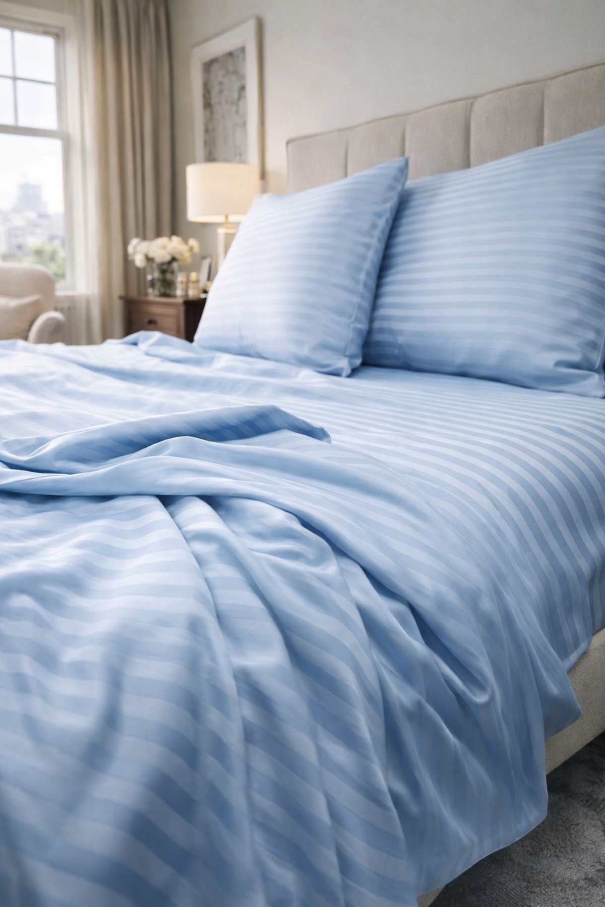 Close‑up of sky‑blue striped cotton bedding with smooth sateen texture