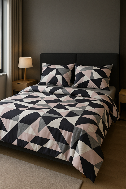 Bed with geometric patterned bedding in a bedroom setting