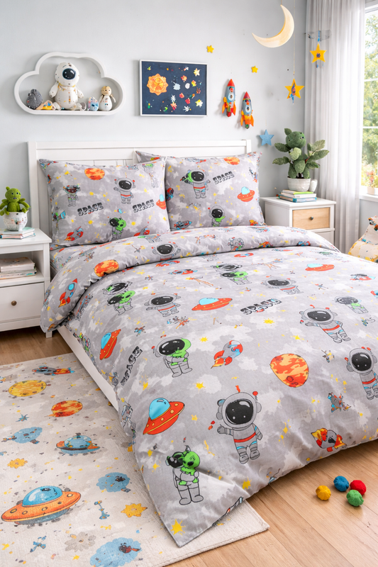 Kids Cosmic Bedding Set with space and astronaut print — 100% Turkish organic cotton