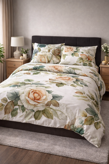Elegant Floral Bedding Set made from 100% natural sateen cotton — soft, breathable and luxurious