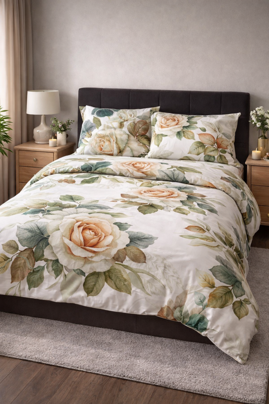 Elegant Floral Bedding Set made from 100% natural sateen cotton — soft, breathable and luxurious