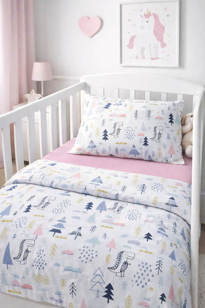 Pink fitted sheet and cotton duvet cover for children
