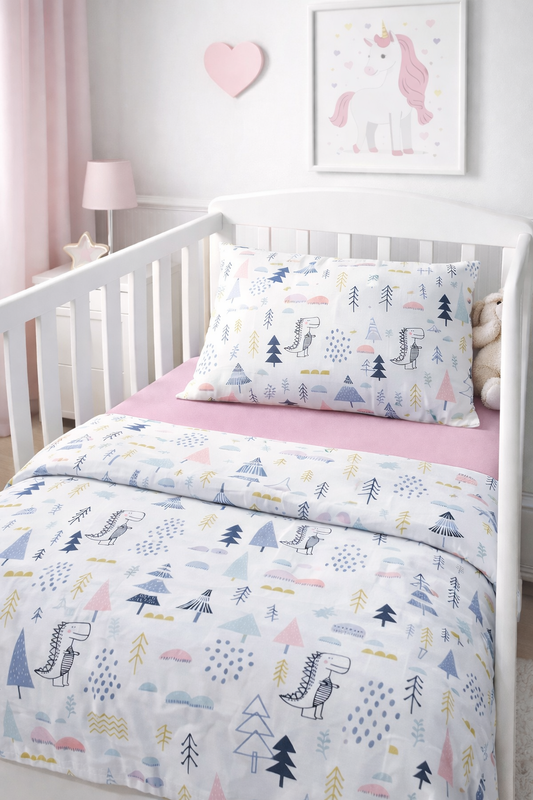 Pink fitted sheet and cotton duvet cover for children