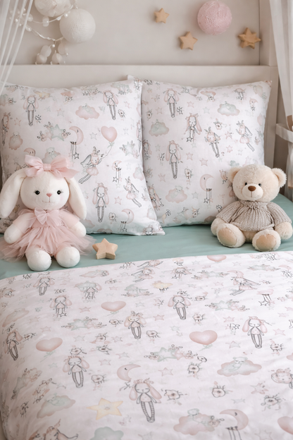 White cotton kids bunny duvet cover set with cute rabbit print — breathable and soft