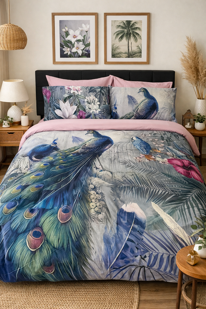 “Peacocks Floral Bedding Set made from 100% Turkish cotton sateen — silky, breathable and OEKO‑TEX certified.