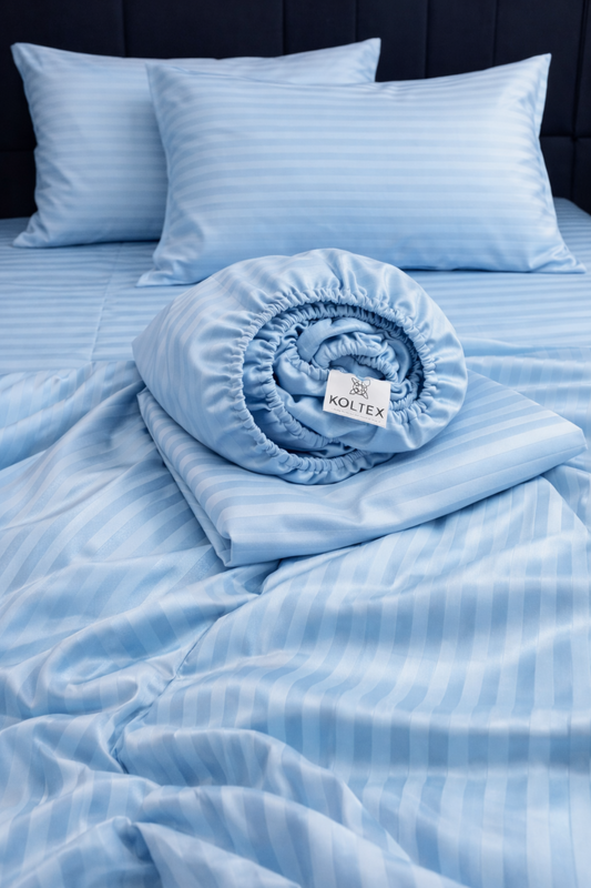 Cooling blue striped duvet cover and pillowcases in silky sateen weave