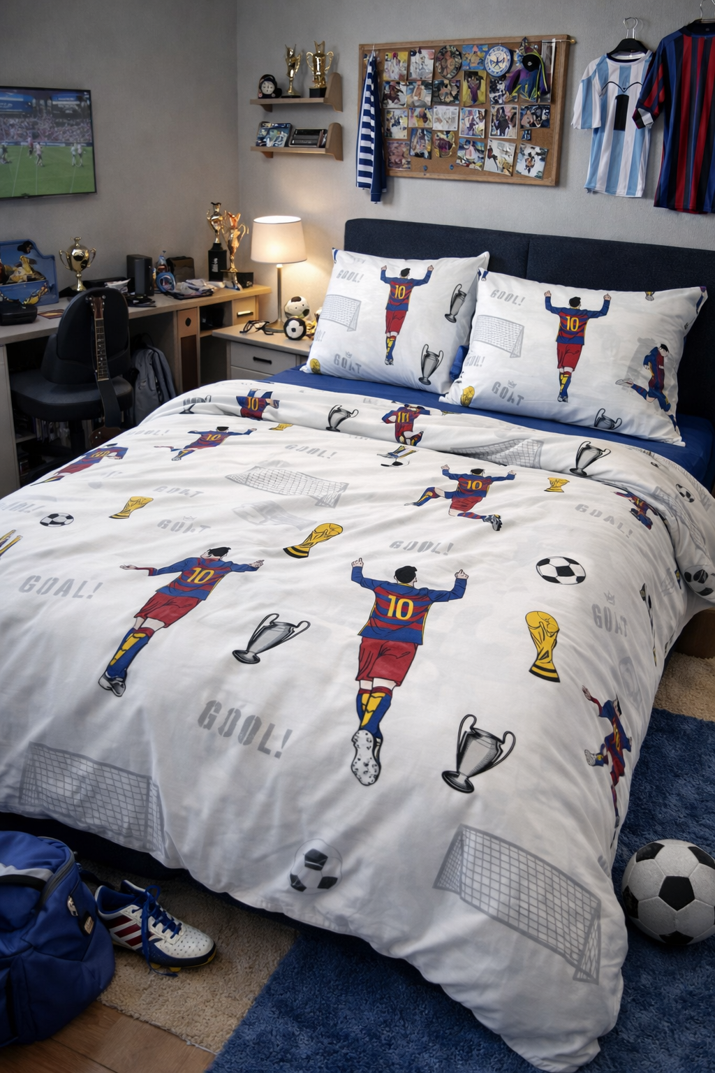 Kids soccer bedding set with Number 10 football design — soft breathable cotton duvet cover and pillowcases