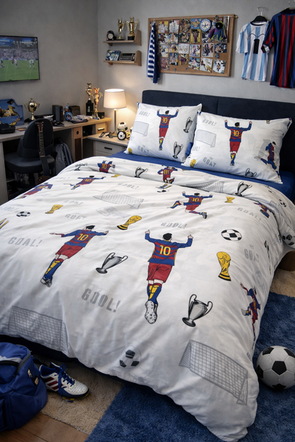 Kids soccer bedding set with Number 10 football design — soft breathable cotton duvet cover and pillowcases
