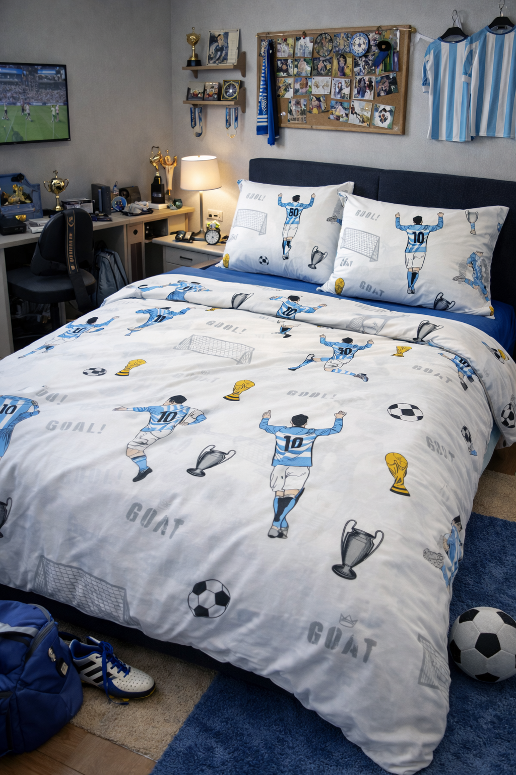 Bedroom with soccer-themed bedding and decor