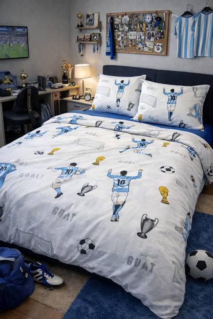 Bedroom with soccer-themed bedding and decor