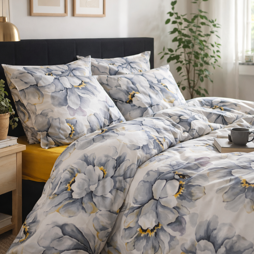 Floral bedding set on a bed in a bedroom with decor elements.